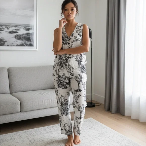 Joie Black & White 2pc Linen Pant Set L Top/10 Pant - Picture 1 of 13